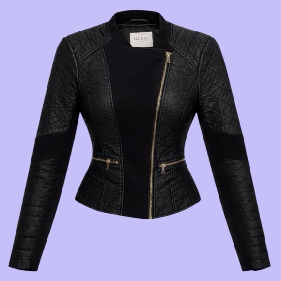Guess Jackets & Blazers - GUESS Early 2000s Faux Black Leather Jacket with Quilted Design